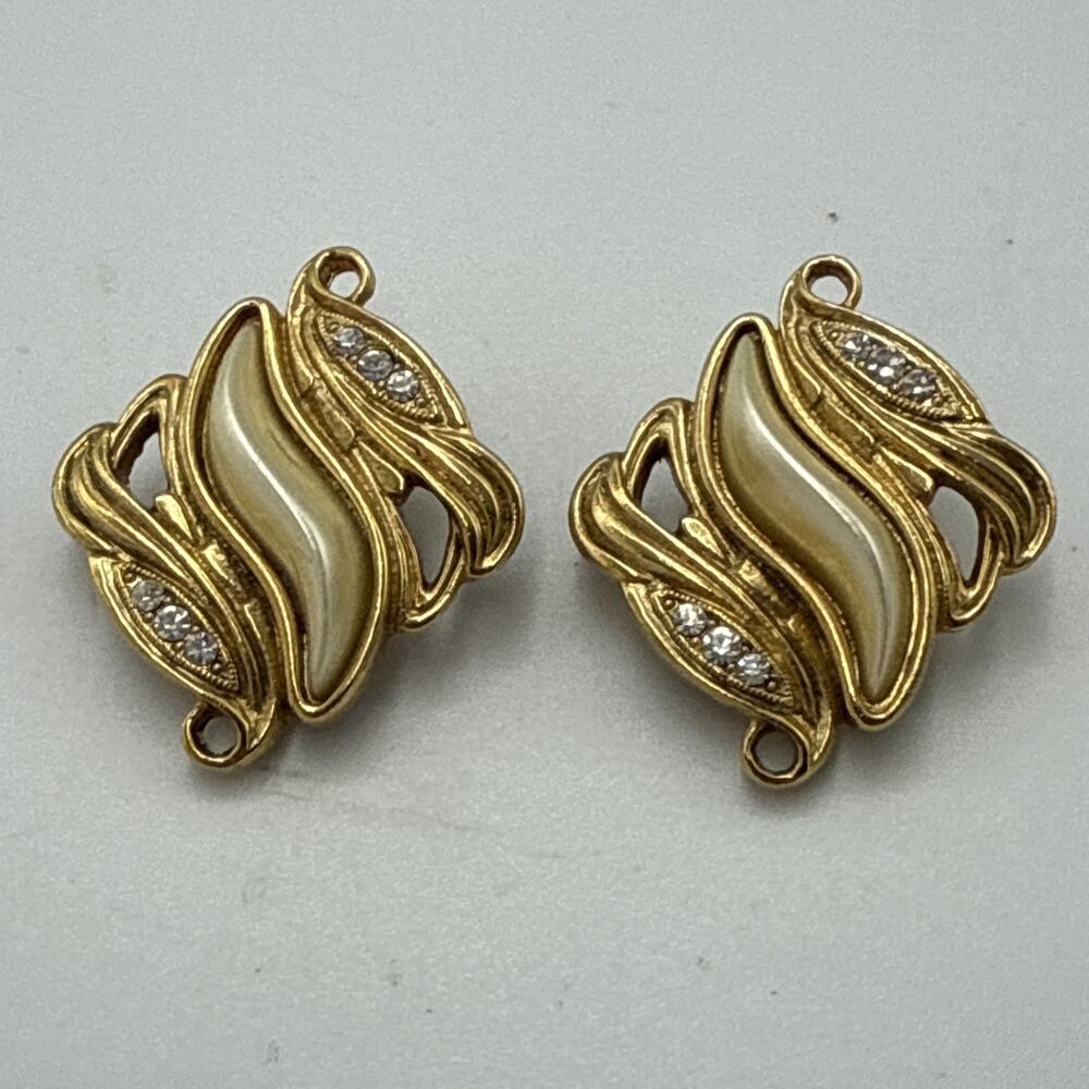 Vtg 1928 Gold Earrings Faux Pearl Cabochon Rhinestone Clip-on Art Deco Fancy